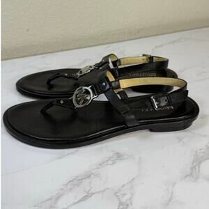 Michael Kors Sondra Thong Sandals Black Leather Sandal‎ Silver Accent Size 7